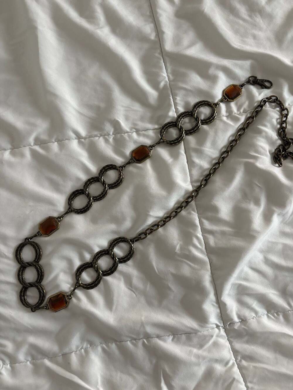 Vintage Boho Bronze Tone Chain Link Belt with Faux Amber Cabochons